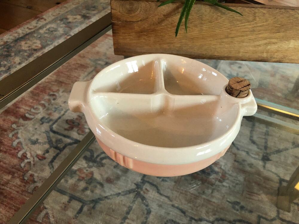 Hankscraft Baby Food Warmer Bowl 1940s Pink White Ceramic Divided Dish